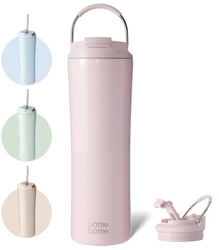 BOTTLE BOTTLE Isolierter Kaffeebecher 680 ml (24oz) mit Deckel, Strohhalm und Griff, Kaffee-to-go Becher edelstahl für warm und kalt, auslaufsicher (Rosa)