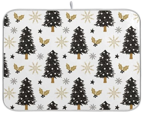 Tapete de secado de platos de tela con patrón de árbol de Navidad con estrellas de nieve y acebo para secado de cocina, tapete de secado de cocina, tapete de secado de platos jumbo de 18 x 24 pulgadas