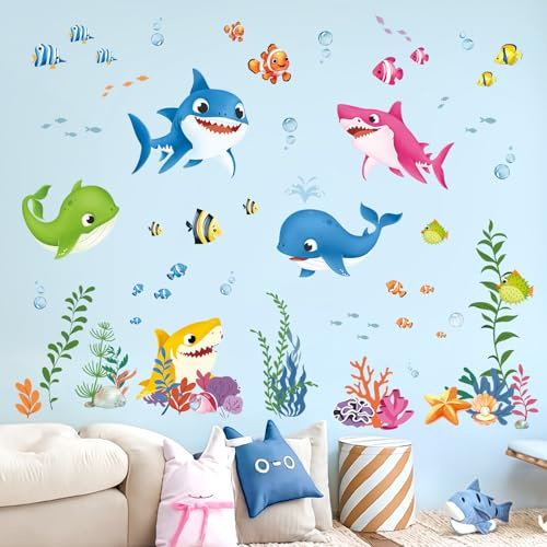 decalmile Wandsticker Unter dem Meer Wandtattoo Fisch Bunte Haie Seetang | Abziehbare und Aufklebbare Wandaufkleber, DIY Abnehmbare Wandkunst Abziehbilder, Wandfreundlich, Leuchtenden Farben