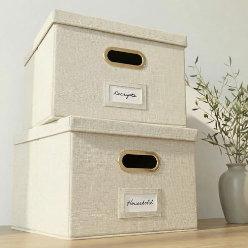 ZICOTO Juego de 2 cajas organizadoras decorativas de lino plegables con asas, perfectas para almacenar todos tus documentos y carpetas de archivos colgantes, cajas portátiles de fácil deslizamiento