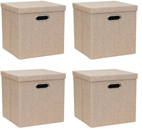 ArcaGuru Aufbewahrungsbehälter mit Deckel, zusammenklappbare Leinen Stoff Boxen Organizer Container mit Deckel Korb für Schrank, Regale, Haus, Büro, 30,5 x 30,5 x 30,5 cm, 4 Stück, Khaki