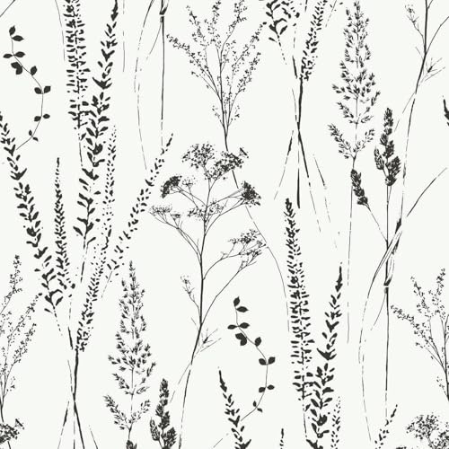 Attitude Floral Grass Wallpaper - White Black Sprig Flowers - Trendy Stylish Textured Paste The Wall Vinyl