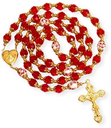 Nazareth Store Katholische blaue Kristallperlen Goldener Rosenkranz Blumen Perlenkette Wundertätiges Herzmedaillon Medaille & Kreuz Religiöse Frauen Männer Amulett