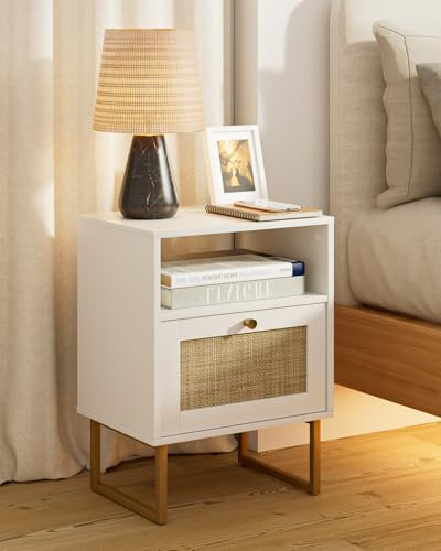 HEYZOEY Boho Groß Nachttisch, Rattan Nachttisch, Nachtschrank, Beistelltisch für Schlafzimmer, Wohnzimmer, Büro,Weiß