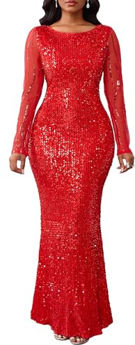 VERWIN Women's Sequins Bodycon Dress Round Neck Long Sleeve Sparkly Mermaid Maxi Casual Party Cocktail Dress M Red