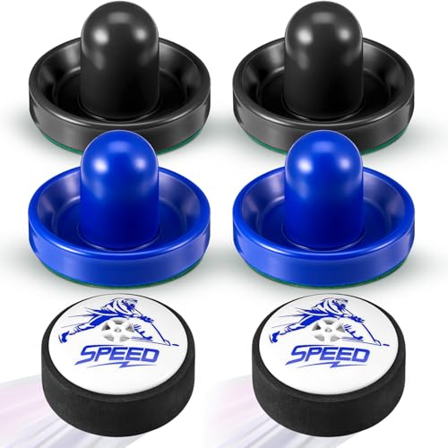 6 Pcs Hockey Pucks Air and Paddles Include 2 Electric Floating Hockey Puck 4 Goal Pusher Paddles Replacement Accessories for Any Flat Surface Game Tables Christmas Family Party, No Batteries Included
