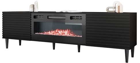 Mirjan24 TV-Lowboard Nakomo EF mit Elektrischem Kamin, Realistische LED-Flamme, Schrank für Fernseher bis zu 80 Zoll, Griffloses Öffnungssystem, Fernsehschrank (Schwarz)