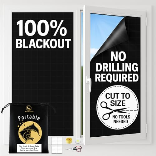 Mishukaze Verdunklungsrollo Ohne Bohren 300 * 145 cm, mit 1 * Maßband, 1 * Schere und 30 Klettstreifen, für Sonnenschutz, kein Bohren erforderlich, für Zimmer, Lofts, Büros, Autos, Reisen