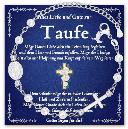 wynn's Geschenke zur Taufe Firmung Konfirmation Kommunion, Rosenkranzarmband mit Marienkreuz für Mädchen Patentochter Tochter Nichte Enkelin von Papa Mama Paten Großeltern mit Geschenkbox