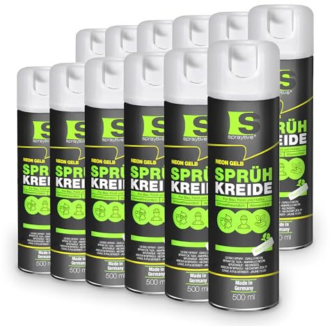 Spraytive 12 x 500ml Sprühkreide neon-gelb - Abwaschbare leuchtende Kreidefarbe, Outdoor Kreidespray, Bodenmarkierung, Temporäres Markierungsspray, Farbspray für Asphalt, Gras, Beton