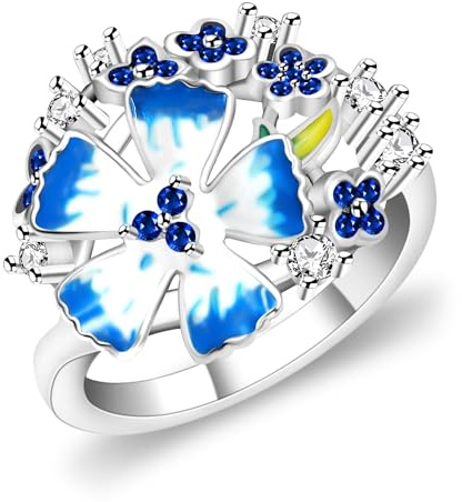 Tobestu Blue Lotus Crystal Ring - Silver Plated Floral Vine Jewelry - Boho Stackable CZ Rings & Art Deco Style YB4671