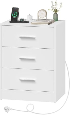 WOLTU Table de Chevet avec Prise Intégrée, 3 Tiroirs, Blanc