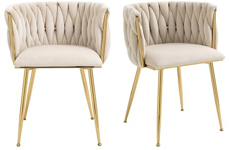 A ALFRESCOOL Samt Stuhl, Schalenstuhl mit Armlehne, Esszimmerstühle, Sessel Modern mit Goldenen Metallbeinen und Weichen Kissen für Esszimmer, Wohnzimmer und Schlafzimmer (2er-Set, Beige)
