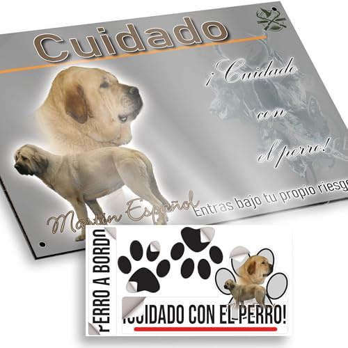 Mastín Español Carteles Cuidado con el Perro 29x18cm - Diseño Naturaleza Gris Dibond con Pegatina Coche 20x5cm
