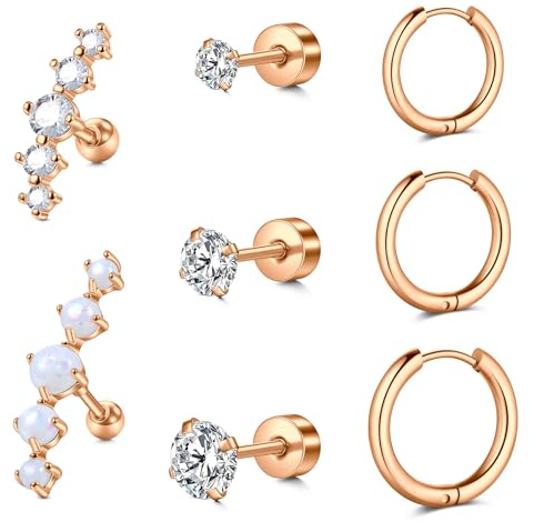 FECTAS Piercing Ohr Hoop 16G 1.2mm tragus Helix conch labret Daith piercing ring stecker Edelstahl Ohrringe Lippenpiercing Rose Diamant Opal Gewindelos