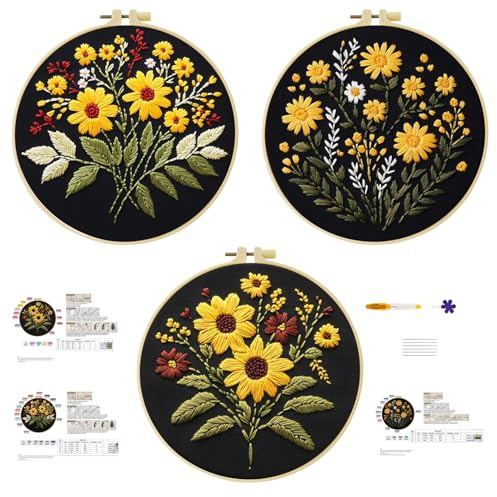 cukol cukol Stickset Erwachsene Anfänger, 3pcs Stickbilder zum Sticken Set | Stickpackungen Kreuzstich Vorgedruckt, Blume Stickvorlagen für DIY Home Deko, Kreatives Bastelset Hobby für Frauen