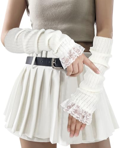 Muorruo Armstulpen für langärmlige Fingerlose, Y2K-Cooles Armstulpen aus gestrickter Spitze, Weiß