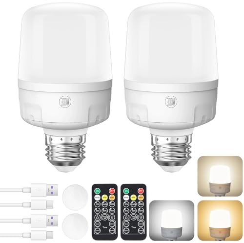 Qoolife Bombilla con batería E27 con mando a distancia, 9 W, 2000 mAh, 4 temporizadores y cargador USB-C para camping, armario y corte de energía (2 unidades)
