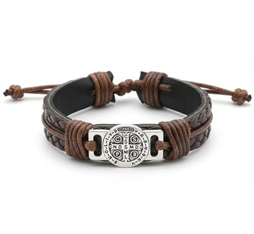 Pulsera Hombre Cuero – Pulsera de Cuero Trenzado Ajustable con Símbolo de Protección San Benito, Joya Vintage Hombre, Regalo para Cumpleaños, Navidad, San Valentín y Día del Padre (Marrón oscuro)
