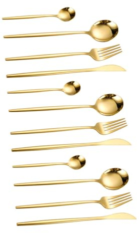 Gatuida 12 piezas Cubiertos de Acero Inoxidable para Uso Doméstico Set Cuchillo Tenedor y Cuchara Dorados Diseño Simple y Pulido Espejo Fácil de Limpiar y Resistente para Mesa y Servicio