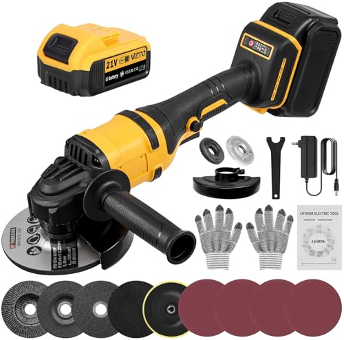 Cordless Angle Grinder,21V Angle Grinder with 1 * 5000mAh Batteries,1500W Angle Grinder Power Tool,Max 30000RPM,125mm disc Diameter,45mm Cutting Depth,for Cutting,Grinding,Polishing,Rust Removal