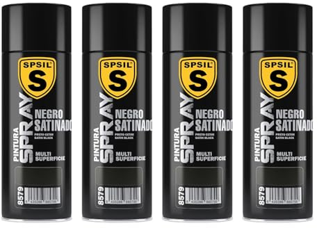 SPSIL Pintura Spray Mate Negro Satinado(pack of 4) 400ml, Secado Rápido Profesional, Aplicación Fácil en Metal Madera Plástico, Interior Exterior Ideal DIY Decoración Muebles Automóviles