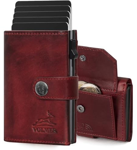 Fa.Volmer ® POP-UP Kartenetui mit Münzfach aus Echtleder für Herren & Damen | 12 Karten | RFID Schutz | Geldbörse VO45P (Bordeaux Red, Großes Münzfach)