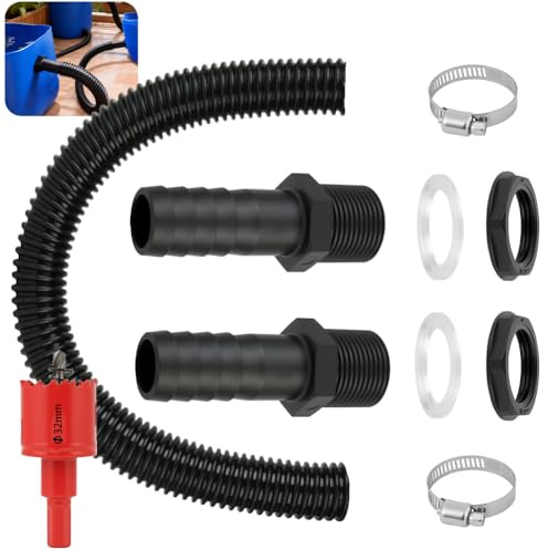 AOOWU Water Butt Connector Kit, Water Butt Connector Pipe Link Kit, 50cm Flexible Connection Hose, 2PCS Water Butt Connection 25mm, 2 Rubber Seal 2 Hose Clamp, Rain Butt Connector for Rainwater Barrel