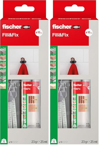 fischer Fill & Fix, Flüssigdübel und Reparaturmasse für ausgerissene Bohrlöcher und Reparaturen ausgebrochener Möbelscharniere in zahlreichen Baustoffen im Innen- und UV-geschützten Außenbereich