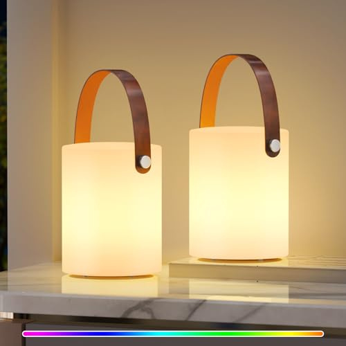 RWWR LED Outdoor Lampe Tischlampe Kabellos Akku Dimmbar USB-C Aufladbar Tischleuchte IP44 Wasserfest für Wohnzimmer Balkon Patio Terrasse Schlafzimmer mit Ledergriff (Ledergriff 2er Pack)