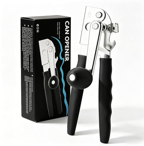suaywo Abrelatas profesional y abrelatas de seguridad de acero inoxidable, corte liso, abridor de tapa, mango grande, mango ergonómico, antideslizante, apto para artrosis, abrebotellas multifuncional
