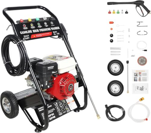 Bensindriven högtryckstvätt 2200 PSI, 2,3 GPM gastryckstvätt med 5 munstycken, 8 m slang, hjul och stabil metallram, för bil, gård, terrass, trädgård och mångsidig utomhusrengöring