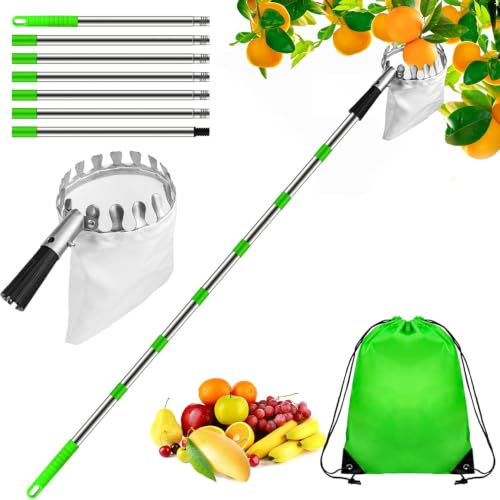 Mbuaopa 4M Cueille Fruit Telescopique, Cueilleur de Fruits Amovible, Ramasse Fruit de INOX, avec Manche Télescopique et Sac en Coton, Récolteur de Fruits pour Pommes, Poires, Oranges, Pêches, Cerises
