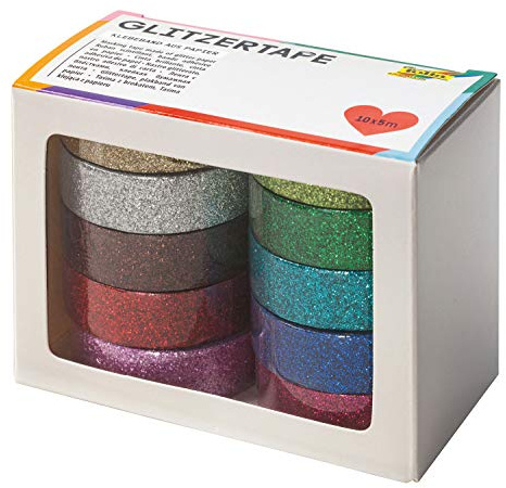 folia 28509 – Glittertejp, tejp av papper med glitter, 10 rullar blandade färger, per rulle ca 5 m x 15 mm – perfekt för dekoration och dekoration