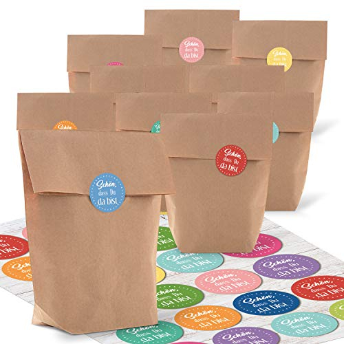 Logbuch-Verlag 24 braune Kraftpapier Tüten + Aufkleber SCHÖN DASS DU DA BIST bunt Geschenktüte Gastgeschenk Verpackung Mitgebsel give-away Geburtstag