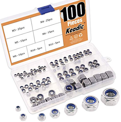 Keadic 100 Stück Selbstsichernde Muttern,Sicherungsmuttern， A2-70 Edelstahl Muttern,Nylon Selbstsichernd Sechskant Schraubenmuttern， 7 Größe Muttern Set： M3 M4 M5 M6 M8 M10 M12