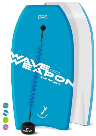 Own The Wave 33 Inch Body Board for Adults and Kids - HDPE Slick Bottom & EPS Core - Light Weight Bodyboard Perfect for Surfing - Comes with Coiled Leash and Swim Fin Tethers (Blue & White)