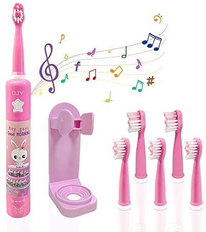 OJV 8620 Musical Electric Toothbrushes for Kids Children, 3 Modes 2 Min Timer, 6 Bristles Rechargeable Power Smart Sonic Music Play Song Toothbrush for Girls Age 3-14 with Wall Mounted Holder (Pink)
