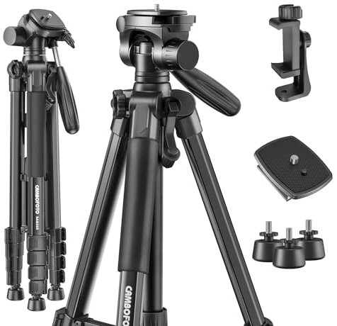 CAMBOFOTO 74 Camera Tripod, Lightweight Aluminum Tripod Stand for DSLR/Small Camera/Phone, Portable Travel Tripod with Pan Head, 1/4 Universal Quick Release Plate,Phone Holder & Carry Bag, Black