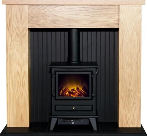 Adam New England Stove Fireplace in Oak & Black with Hudson Electric Stove, 48 Inch