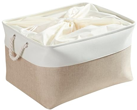 Mangata aufbewahrungskorb Stoff, aufbewahrungsbox groß Schrank, Korb aufbewahrung Stoff mit Seil für Spielzeug, kleiderschrank, Regale, Kleidung (Faltbare,XXL, Helles Khaki Weiß)