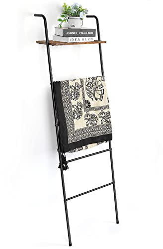 Vrisa Blanket Ladder Wall Leaning Blanket Rack Farmhouse 5-Tier Metal Blanket Holder with Shelf Bath Towel Storage for Bathroom Quilt Bedroom Living Room Pool Black