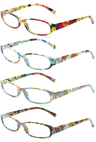 COJWIS 4 Pack Lesebrille Damen Brille Federscharnier Stilvolle Vielfarbig Leser HD Klare Linse für Frauen (4 Farbe Mischen, 1.50, multiplier_x)