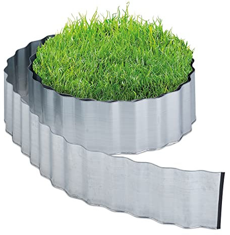 Relaxdays Rasenkante, 8 m, Beetbegrenzung aus Metall, verzinkt, flexibel, Umrandung für Rasen & Beet, 16 cm hoch, Silber