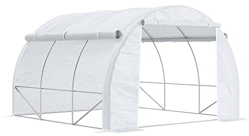 Outsunny 3 x 3 x 2 m Polytunnel Greenhouse with Roll-up Side Walls, Walk-in Grow House Tent with Steel Frame, Reinforced Cover, Zipped Door and 6 Mesh Windows for Garden, White