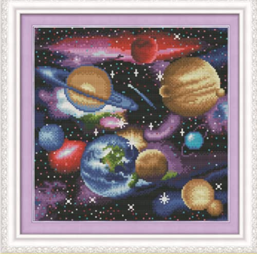YEESAM ART Kreuzstich Set Vorgedruckt, Weltraumsterne, Planeten, 11CT 36 × 36cm DIY Kreuzstich Stickpackungen Vorgedruckt Sticken Set für Erwachsene Anfänger Über 14 Jahre