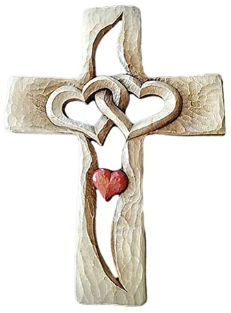 Bagima Holzkreuz Kreuz 24 * 18 * 2 Geschnitztes Holzkreuz Hohle Ineinander Verschlungene Herzen Liebeskreuz Zum Aufhängen Liebespaar Familie Wanddekoration Rustikales