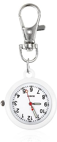Xinjieda Fob Watch for Nurses - Simple Metal Quartz Pocket Watch With Key Buckle - Unisex Portable for Doctors, Chefs, Hiking, Climbing (White)