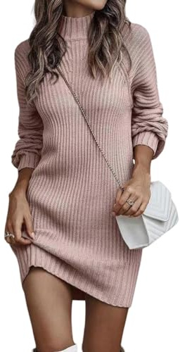 ASKSA Damen Strickkleid Rollkragen Pullikleid Elegant Pulloverkleid Freizeit Midikleid Tops (Rosa,M)