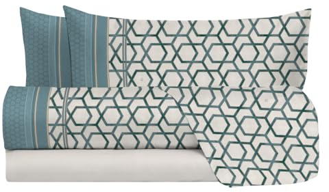 Laura Biagiotti, Set med dubbla sängkläder i bomull, komplett säng, 100% bomull, överlakan, lakan med hörn, par örngott, geometriskt mönster, olja